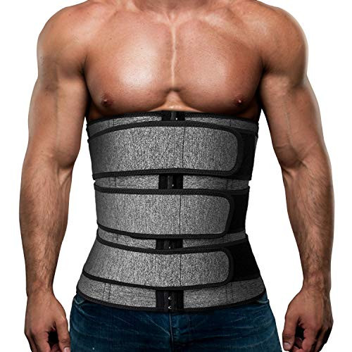 Mens Workout Waist Trainer Neoprene Corset Sauna Sweat Trimmer Cincher Slimming Belly with Three Belts -Grey Waist Trainer Belt  XL-