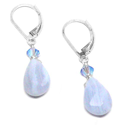 Blue Lace Agate Briolette Sterling Silver Lever Back Earrings Swarovski Crystal Custom