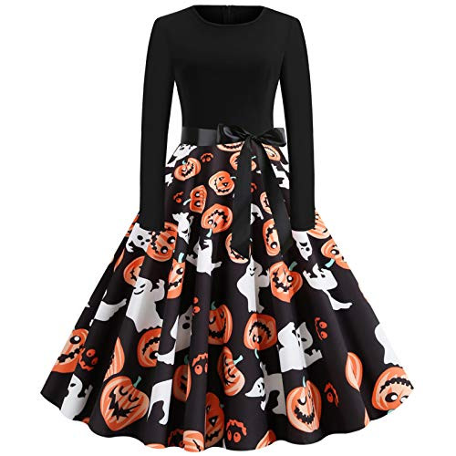 Zcuhen DressesWomen_s Long Sleeve Cocktail Swing Dress Skeleton Pumpkin Printed Cosplay Party Costume S-XXL Halloween Black
