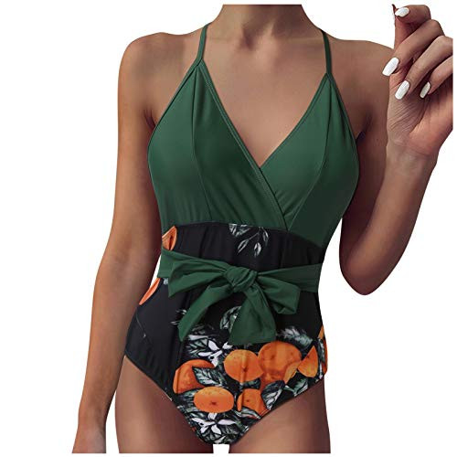 Lenago One Piece Bikini Print Patchwork Monokini Swimsuit Push Up Halter Bandage Beachwear -XL Green-