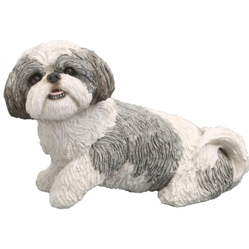 Sandicast Mid Size Silver and White Shih Tzu Sculpture, Sitting