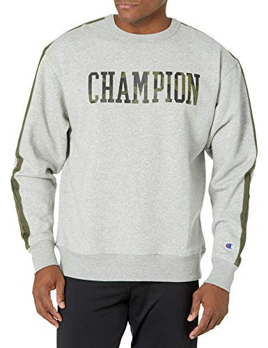 Champion Men_s Powerblend Crew with Taping  Oxford Gray - Camo Filled Block  Medium