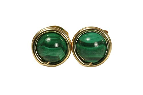 Gold Malachite Stud Earrings - Wire Wrapped Green Gemstone Handmade Jewelry