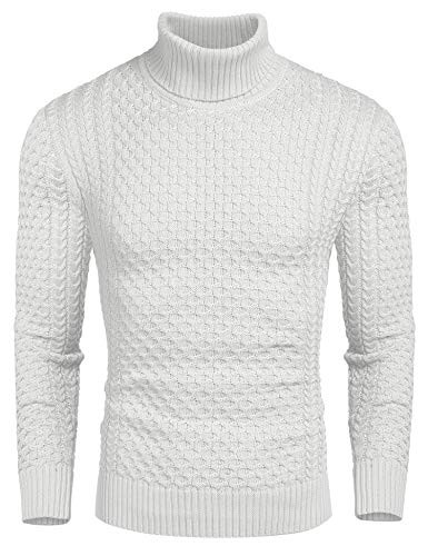 COOFANDY Men_s Slim Fit Turtleneck Sweater Casual Knitted Twisted Pullover Sweaters White