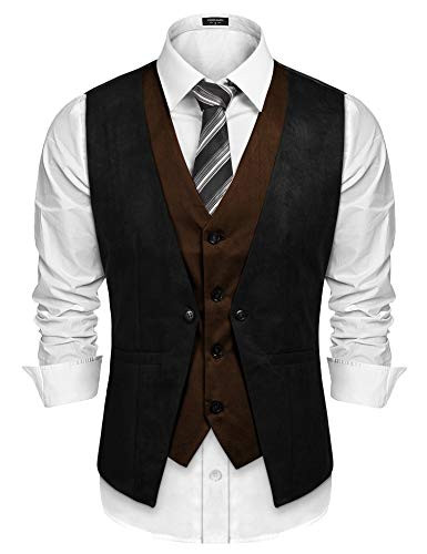 COOFANDY Men_s Suede Leather Vest Layered Style Dress Vest Waistcoat -Black  Medium-