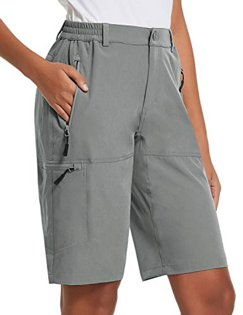 BALEAF Women_s 10 Inches Quick Dry Stretch Hiking Cargo Shorts with Zippered Pockets UPF 50 Plus for Camping  Travel Light Grey Size XL