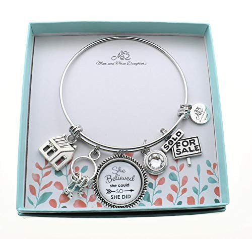 Real Estate Agent Bangle Bracelet in Silver Stainless Steel With Charms in Silver Toned Metal. Real Estate Agent Gift. House Realtor Gift