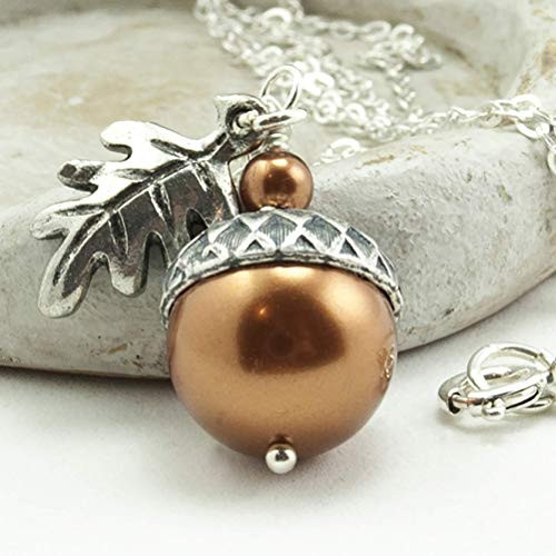 Acorn Necklace with Oak Leaf Copper Colored Simulated Pearls from Swarovski  Sterling Silver Chain 18 inches