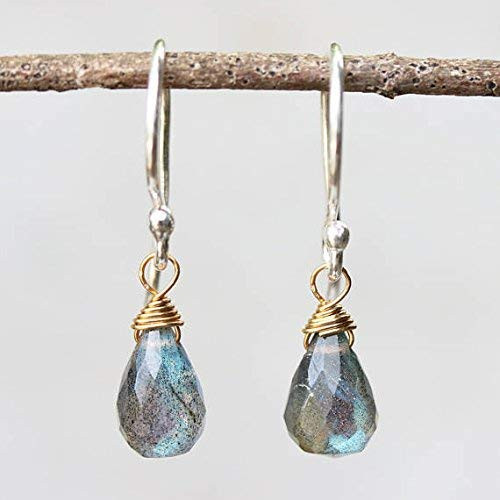 Earrings Teardrop faceted labradorite with brass wire wrapped on sterling silver hooks style