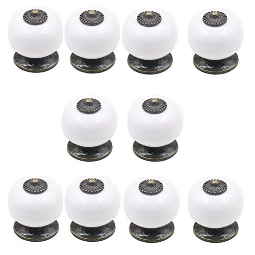 10 Pcs Simple Ceramic Round Door Knob Handle Pull Drawer Pulls Cabinet Knobs Dresser Wardrobe Pulls Single Hole Pull Handles (White)