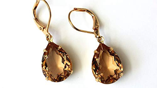Swarovski Light Colorado Topaz Earrings Beige and Gold Crystal Rhinestone Art Deco Jewelry