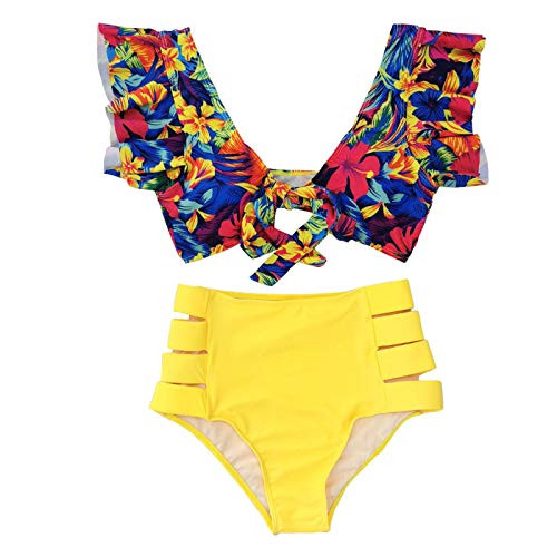 Lenago Two Piece Bikini Set for Women Ruffled Floral Ruffled Swimsuit Push Up Padded Beachwear Hollow Out High Waist Swimwear -XL Yellow-