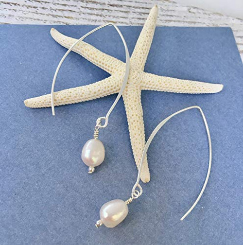 White Freshwater Cultured Pearl Sterling Silver 925 Dangle Long Curved Threader Drop Earrings Woman White Freshwater Cultured Pearl Sterling Silver 925 Dangle Long Curved Threader Drop Earrings Woman