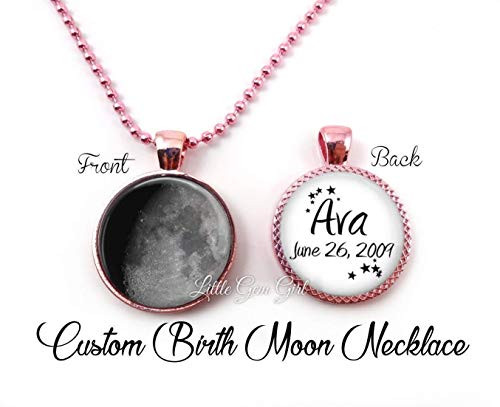 Double Sided Your Custom Birth Moon Necklace in Blue  Pink or Purple - Birthday Pendant in 4 Metal Finishes