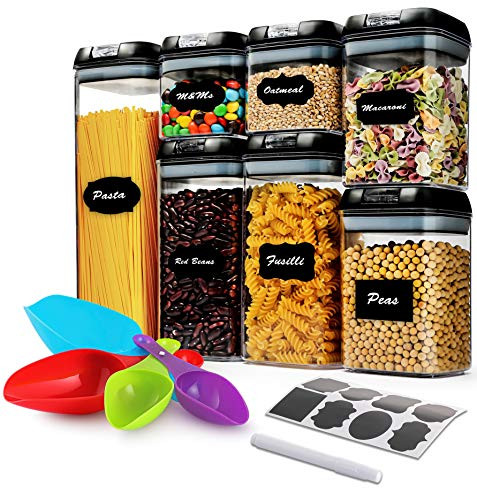 7 Pcs Airtight Food Storage Container Set - Kitchen  and  Pantry Organization Containers with Labels  and  Marker - BPA-Free Clear Plastic Canisters for Flour  Cereal with Improved Lids