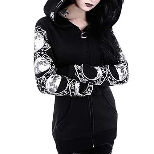 TWGONE Zipper Hoodie Women Black Long Sleeve Gothic Vintage Sweatshirt Plus Size Punk Moon Print Coat-Large Black-