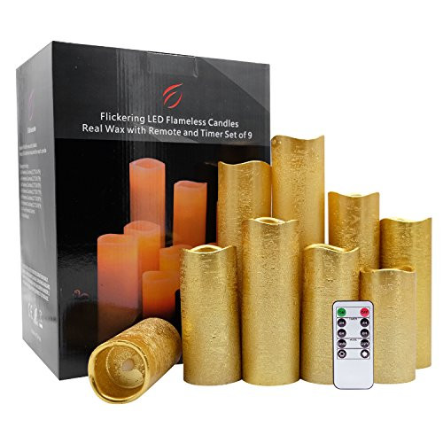 Eldnacele Flameless Candles Flickering LED Gold Pillar Candles Warm White Set of 9(H4 5" 6" 7" 8" 9" x D2.2) Electric Unscented Real Wax Gold Rustic Battery Candles With 10-key Remote Timer