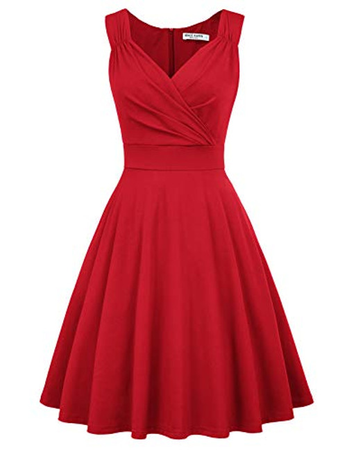 Women_s Vintage A-line Dress V-Neck Wrap Dress Size S Red CL698-5