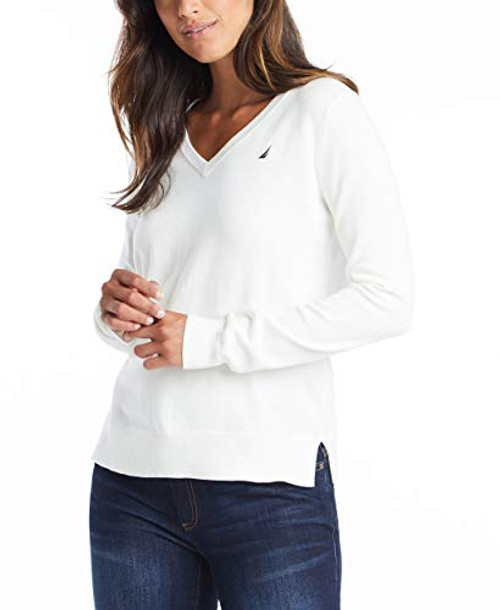 Nautica Women_s Effortless J-Class Long Sleeve 100 Percent  Cotton V-Neck Sweater  Marshmallow  Small