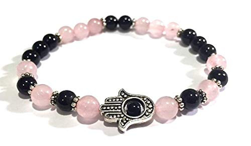 Handmade Hamsa Hand Rose Quartz Black Tourmaline Healing Bracelet 7 Inches Handmade Hamsa Hand Rose Quartz Black Tourmaline Healing Bracelet 7 Inches