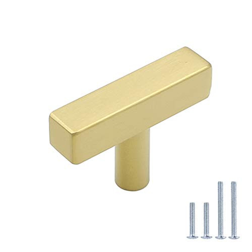 12 Pack LONTAN Kitchen Cabinet Knobs Brushed Brass Cabinet Door Knobs - LS1212GD Modern T Knob Cabinet Pulls Square Brass Drawer Knobs for Bathroom Cabinets  Single Hole