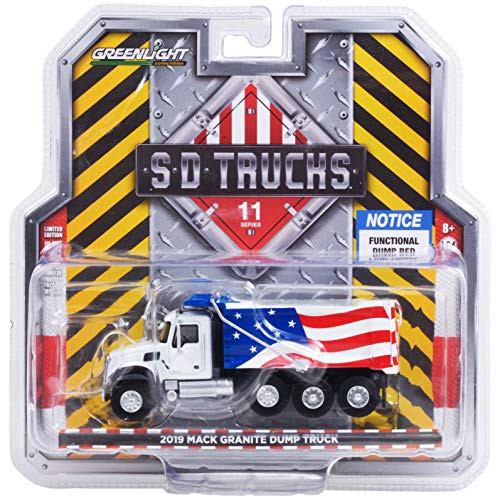 2019 Mack Granite Dump Truck White with American Flag Graphics S.D. Trucks Series 11 1 64 Diecast Model by Greenlight 45110 C