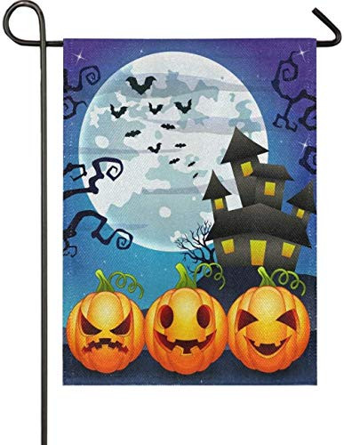 N-X Spooky Castle Pumpkins Bats Full Moon Burlap Garden Flag 12 x 18 Double Sided Funny Scary Holiday Outdoor Yard House Flags Welcome Autumn Fall Banner for Party Home Halloween Decor
