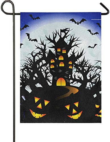 N-X Castle Pumpkin Forest Full Moon Bats Cobwebs Burlap Garden Flag 12 x 18 Double Sided Funny Scary Holiday Outdoor Yard House Flags Welcome Autumn Fall Banner for Party Home Halloween Decor