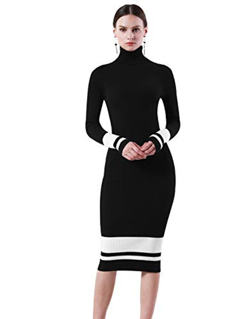 PrettyGuide Women Slim Fit Ribbed Turtleneck Long Sleeve Midi Knit Sweater Dress Black with White XS