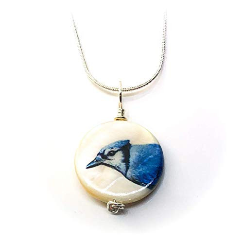 Blue Jay Necklaces for Women - Wire Wrapped Mother of Pearl Pendant - Original Photograph - Handmade Jewelry by Laura Perrotta
