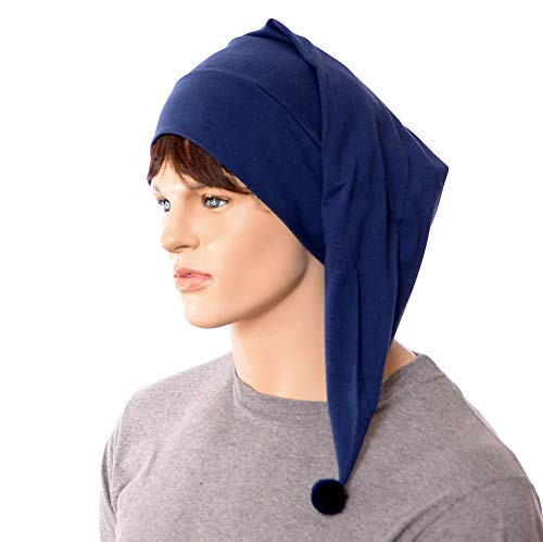 Night cap Navy Blue Cotton Pointed with Pompom