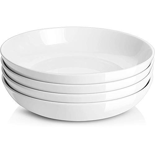 DOWAN 9.75inch  Wide Pasta Bowls  Ceramic Salad Bowls 50 Ounces  Large Serving Bowl Set of 4  Microwave and Dishwasher Safe  Shallow and Versatile  White
