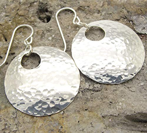 Medium 1 Inch Hammered Sterling Silver Disc Earrings with Peephole