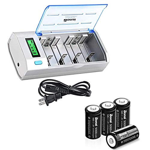 BONAI LCD Battery Charger Universal for AA  AAA  C  D  9V Ni-MH Ni-CD Rechargeable Batteries with Rechargeable C Batteries  C Cells 1.2V Ni-MH 5000mAh High Capacity C Size Battery -4 Pack-