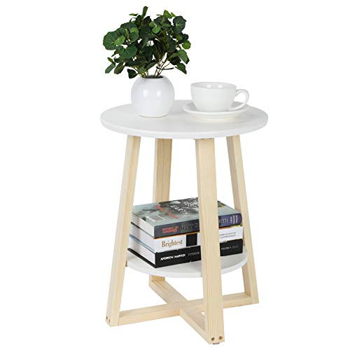 Round Side Table  2 Tier Modern End Table Wood Look Accent Nightstand Space Saving Bedside Table Coffee Table for Home Living Room Bedroom Office - White