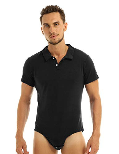 YONGHS Men_s Short Sleeve Turn-Down Collar Button Crotch Shirt Bodysuit Snappies Romper Jumpsuit Black Medium