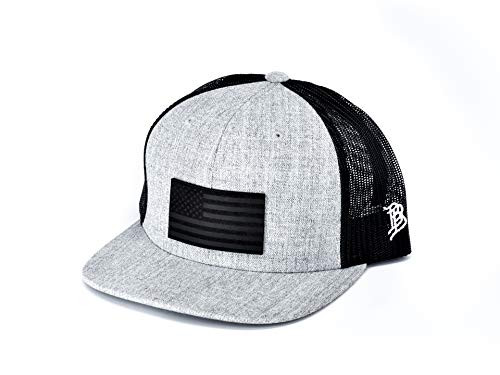Branded Bills USA _Midnight Glory_ Dark Leather Patch Hat Flat Trucker - One Size Fits All -Heather Grey Black-