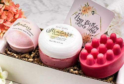 Strawberry Champagne Bath and Body Birthday Gift Sets for Women - Massage Luffa Soap Bubble Bar Whipped Sugar Scrub