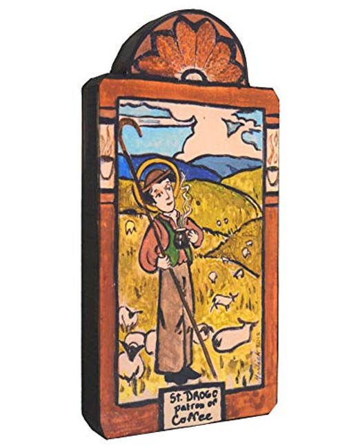 Modern Artisans Saint Drogo Patron Saint of Coffee Handmade Retablo Plaque  3.5 x 7.0 Inches