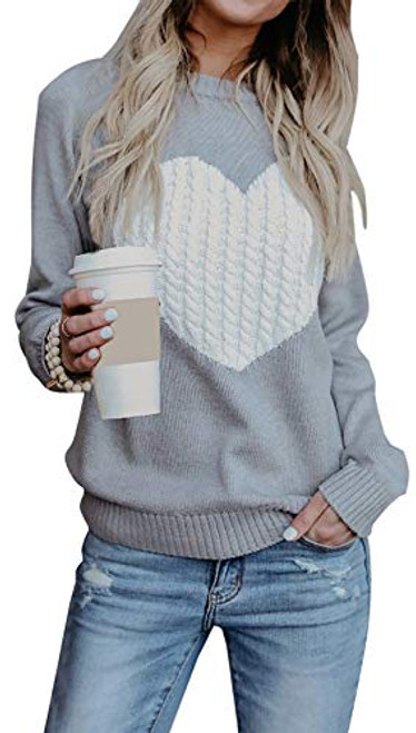 shermie Womens Pullover Sweaters Long Sleeve Crewneck Cute Heart Knitted Sweaters Grey  Medium