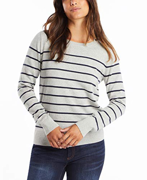 Nautica Women_s Year-Round Long Sleeve 100 Percent  Cotton Striped Crewneck Sweater  Grey Heather  Small