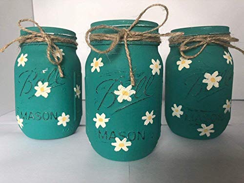 Daisy Flower Mason Jar Centerpiece Set Teal  and  White Mason Jars Spring Table Decor Mother_s Day Gift Rustic Home Decor Mason Jar Flower Vase
