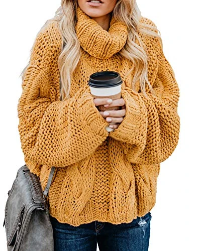 MLEBR Womens Casual Loose Ladies Cable Knit Chunky Turtleneck Balloon Long Sleeve Pullover Sweaters Jumper Sweaters Outerwear Yellow XL