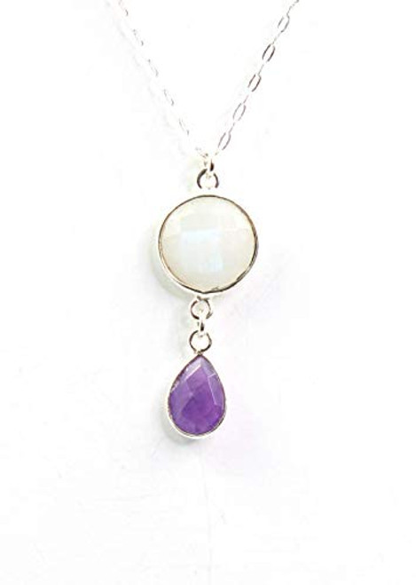 Purple Amethyst and Moonstone Gemstone Bead Necklace  February June Birthstone  Sterling Silver 18 Inch Chain