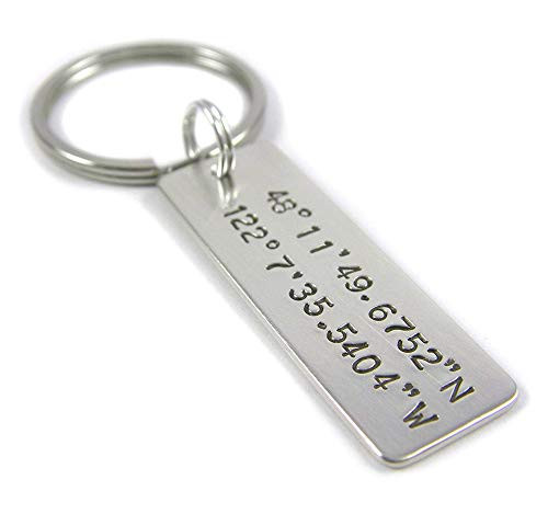 Longitude Latitude Bar Key Chain - Personalized GPS Coordinates - Hand Stamped Sterling Silver - Wide Bar Keychain