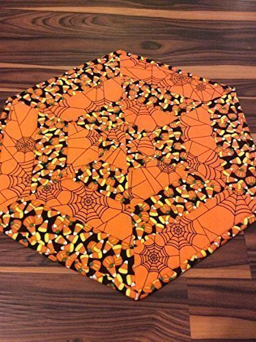 Halloween Spider Web Mat Candy Corn Quilted Centerpiece Table Topper Runner Homemade Quilt Quilted in Orange and Black