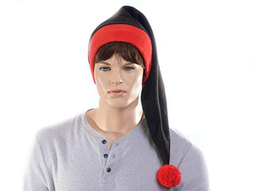 Long Stocking Cap Black with Red Headband and Pompom Fleece