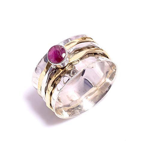 Solid 925 Sterling Silver Ring  Ruby Corundum Ring  Spinner Ring  Spinner Ring Women  Artisan Hammered Ring  Mix Metals Ring  Gemstone Spinner Ring  Anxiety Spinner Ring  Bohemian Women Ring