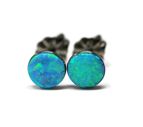 6mm Simulated Light Blue Opal Titanium Hypoallergenic Stud Earrings