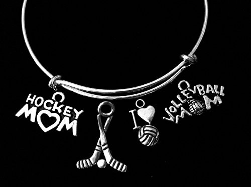 Hockey Mom Volleyball Mom Jewelry Silver Expandable Charm Bracelet Adjustable Wire Bangle Sports Gift hockey Sticks Personalization and Custom options Available
